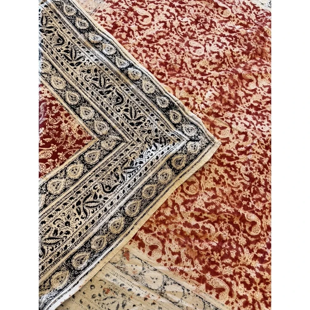 Vintage Indian Block Print Floral Tablecloth Border Black Burgundy Square 44